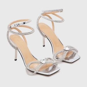 MACH & MACH Double‎ Crystal Bow Square Toe Sandal Heels Size 37 Silver Formal